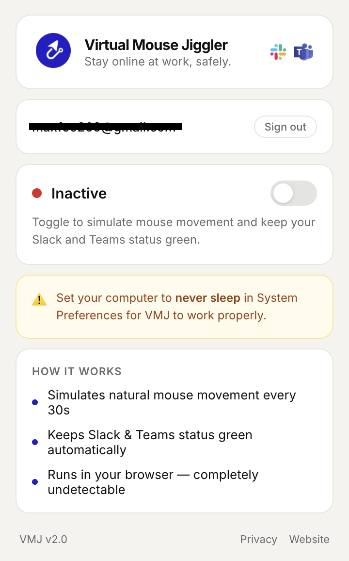 Virtual Mouse Jiggler Chrome extension popup