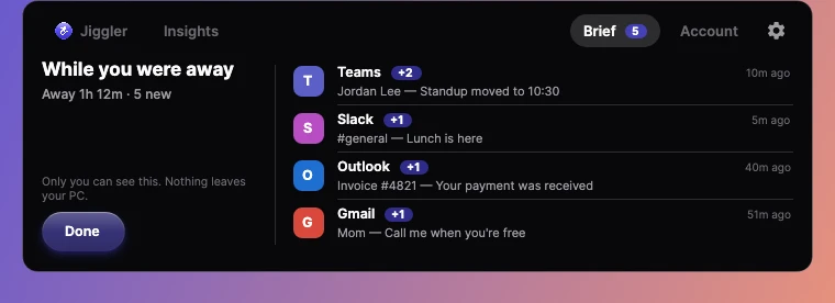 The Away Brief in the Windows app listing missed notifications from Teams, Slack, Outlook and Gmail
