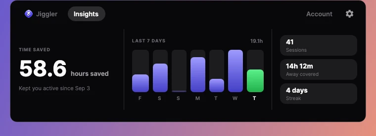 Insights in the Windows app showing hours saved and a 7-day chart